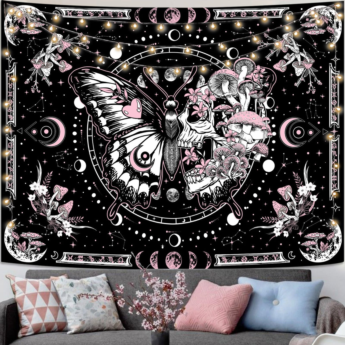 Fungarth Skeleton Butterfly Tapestry Pink Skull Hippie Mushroom Plants Tapestry for Bedroom Moon phase Aesthetic Tapestries Wall Hanging for Living Room Dorm (Pink, 48” x 36”)