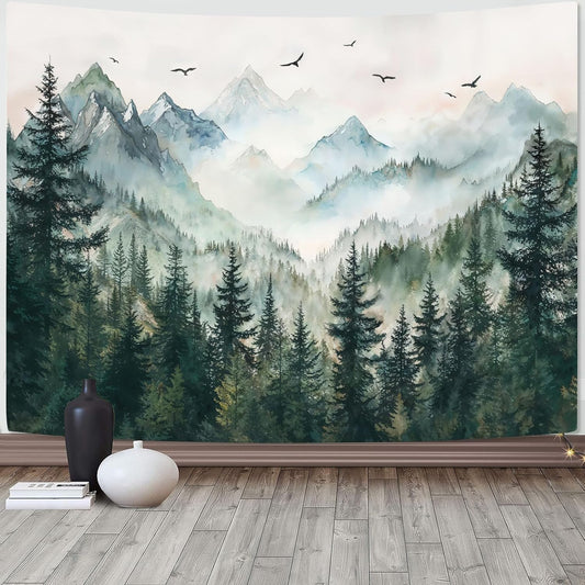 Zussun Misty Forest Mountain Tapestry Sage Green Nature Pine Tree Tapestry for Bedroom Aesthetic Watercolor Foggy Woodlands Birds Landscape Tapestries Wall Hanging for Living Room Dorm 48 x 36 Inch