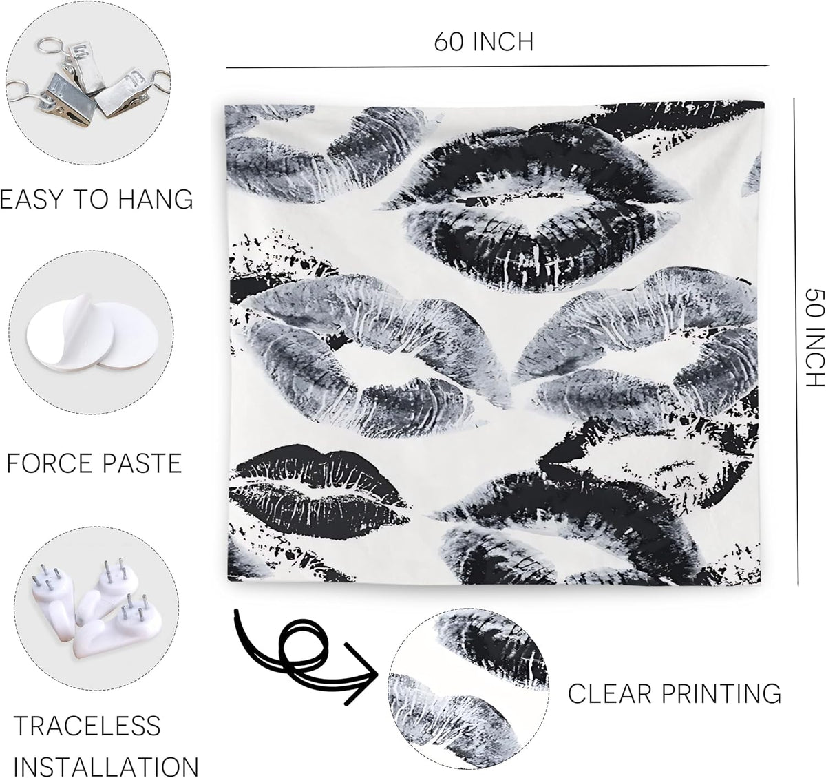 WNAGT Trendy Black and White Kiss Lips Tapestry Wall Hanging, Funky Makeup Wall Decor, Fashion Aesthetic Wall Blanket Decor for Girls Room College Dorm Makeup Room Beauty Room, 50x60 Inch