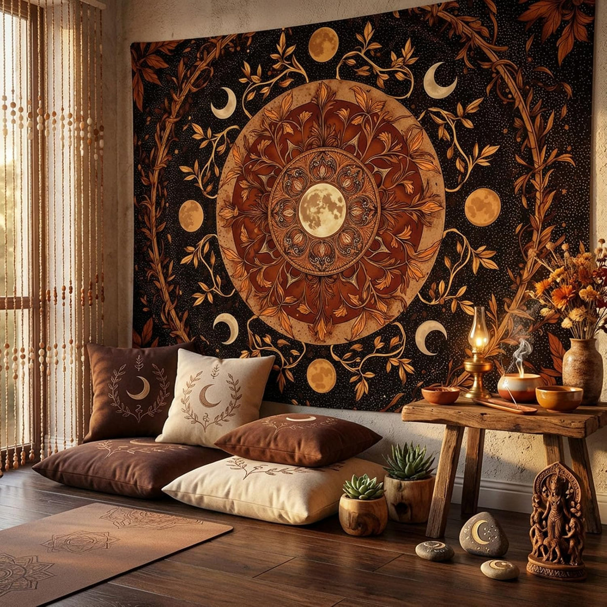 Spenlife Moon Phase Tapestry, Autumnal Mandala Tapestries for Bedroom, Boho Wall Decor, Botanical Tapestries (60" x 44")