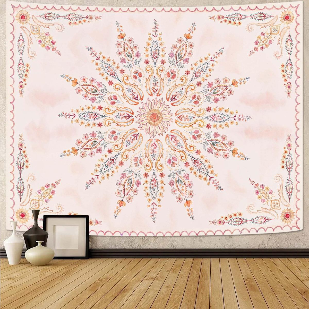 Fowocu Boho Floral Mandala Tapestry Wall Hanging Bohemian Flower Medallion Tapestry Aesthetic Beige Brown Hippie Indian Small Tapestries for Bedroom Living Room Dorm Decor 40 x 30 Inch
