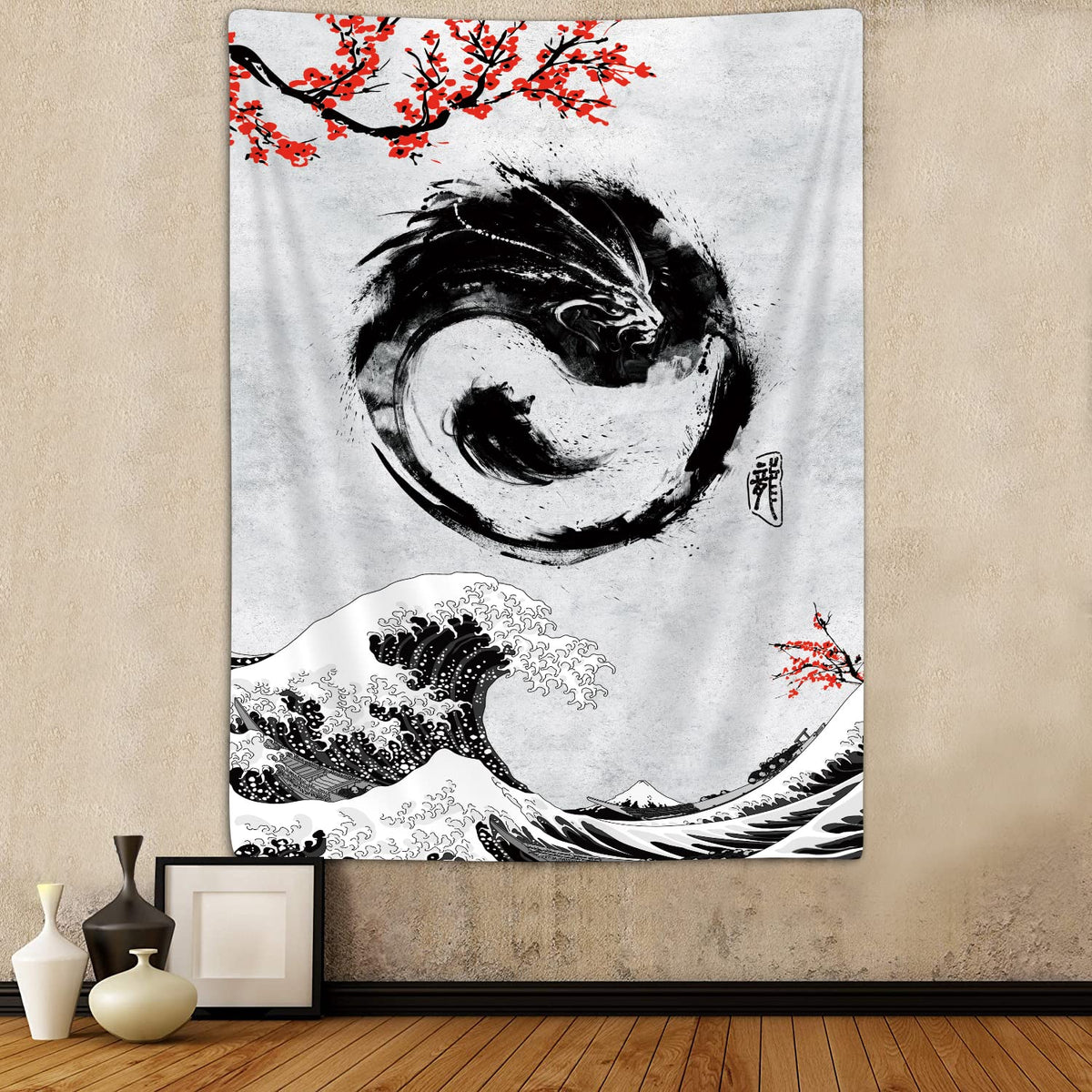Sanzugh Japanese Yin Yang Koi Fish Tapestry, Cool Red and Black Anime Sakura Art Tapestries Vertical Wall Hanging for Men Bedroom Living Room Office Decor 40X60, Asian Cherry Blossoms Posters