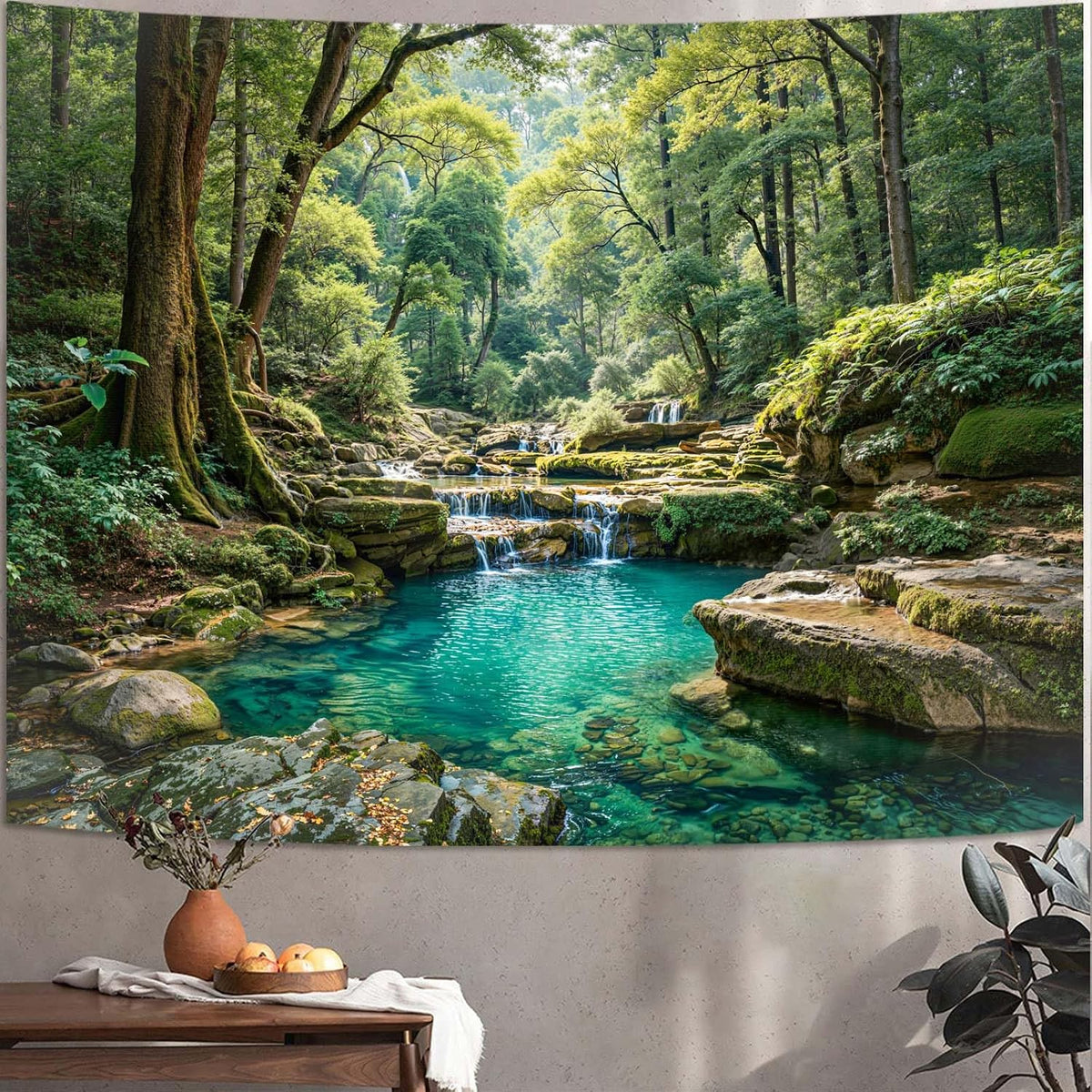 Zussun Nature Forest Tapestry Green Tree Wall Tapestry for Bedroom Aesthetic Plant Stream Pool Landscape Small Tapestries Wall Hanging for Dorm Living Room Decor 48 x 36 Inch