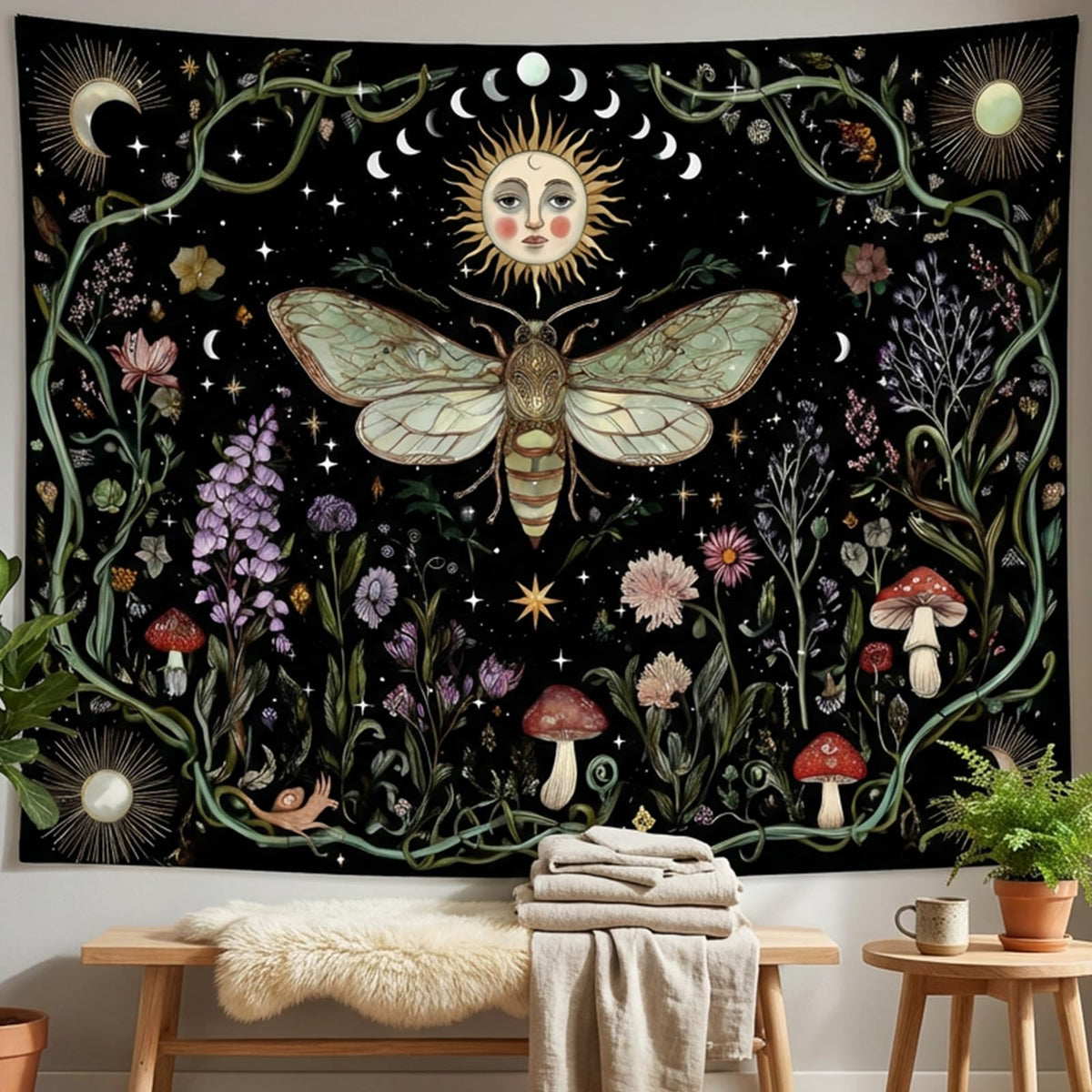 Lifeel Vintage Sun and Moon Tapestry, Boho Retro Green Plant Aesthetics Tapestries for Living Room Dorm, 36x48 inches