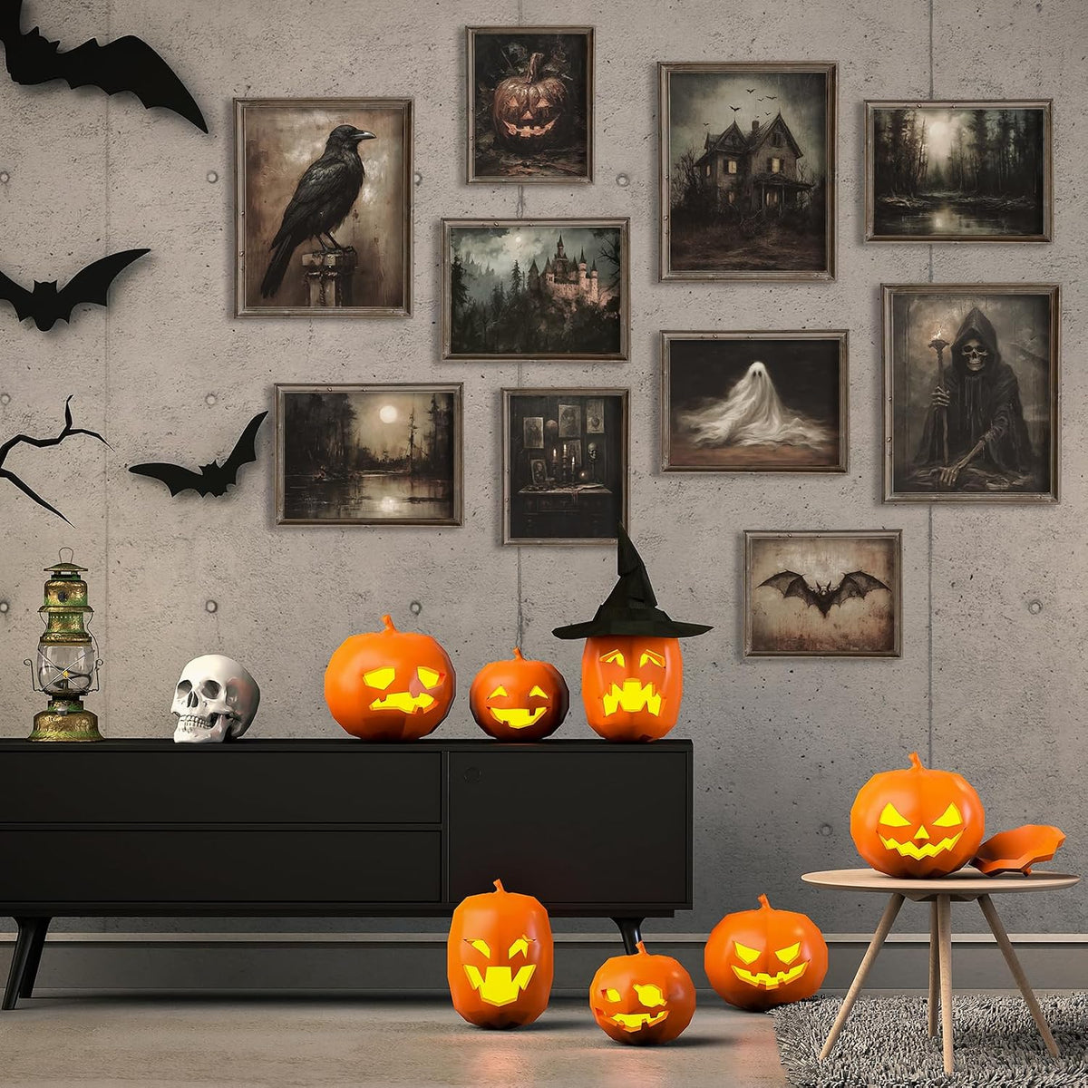 Whaline 10Pcs Halloween Dark Wall Art Prints Creepy Halloween Aesthetic Paper Posters Witchy Picture Decorations for Gallery Living Room Bedroom Office, Unframed