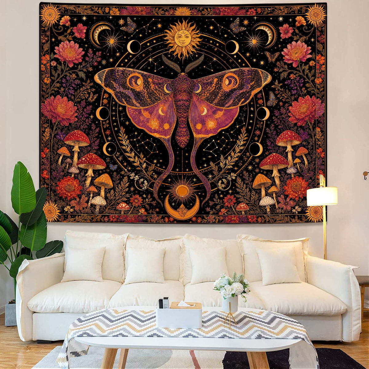 Rexful Celestial Moth Tapestry Wall Hanging Gothic Witchy Moon Phase Mushroom Flower Mystical Design Aesthetics Tapestries for Bedroom Living Room Home Decor