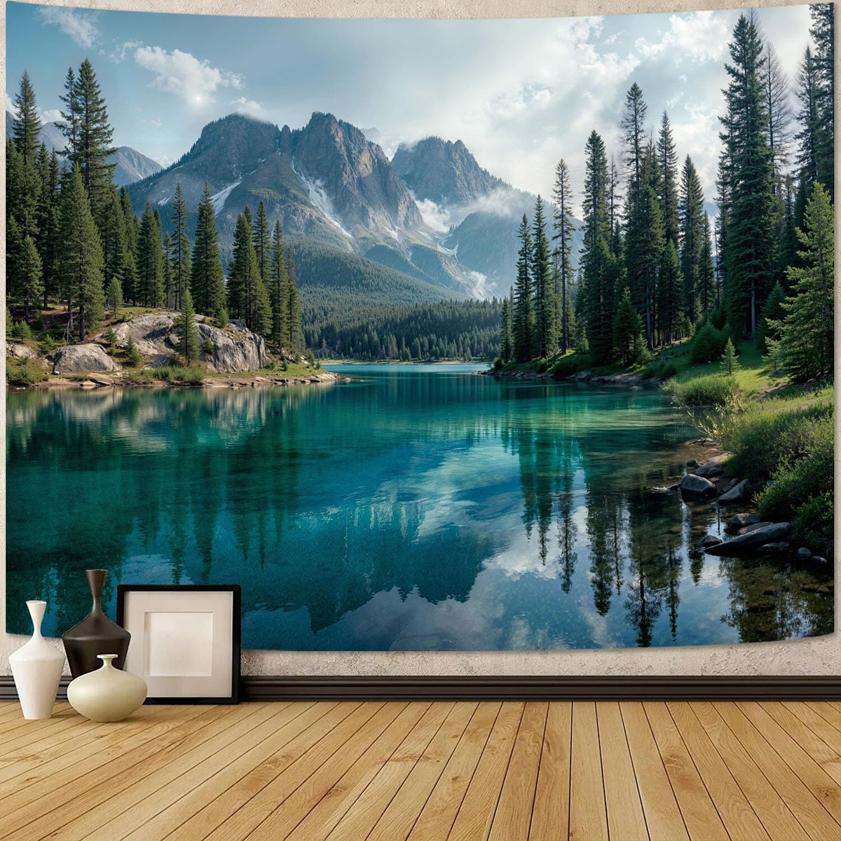 Zussun Nature Forest Tapestry Green Tree Wall Tapestry for Bedroom Aesthetic Plant Stream Pool Landscape Small Tapestries Wall Hanging for Dorm Living Room Decor 48 x 36 Inch