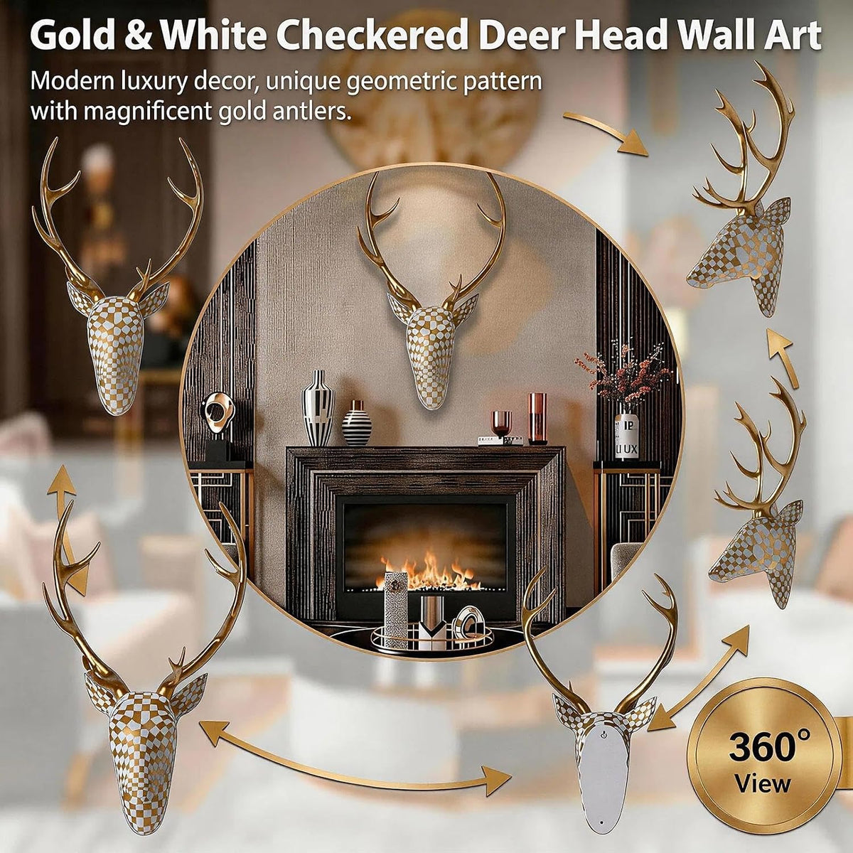 GIGICICI Mosaic Deer Head Wall Decor 15.7x8.7 Inch, Artistic Faux Resin Animal Head Wall Sculpture Hanging for Living Room Bedroom Kitchen Office, White-Gold Gift