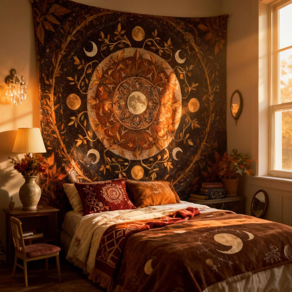 Spenlife Moon Phase Tapestry, Autumnal Mandala Tapestries for Bedroom, Boho Wall Decor, Botanical Tapestries (60" x 44")