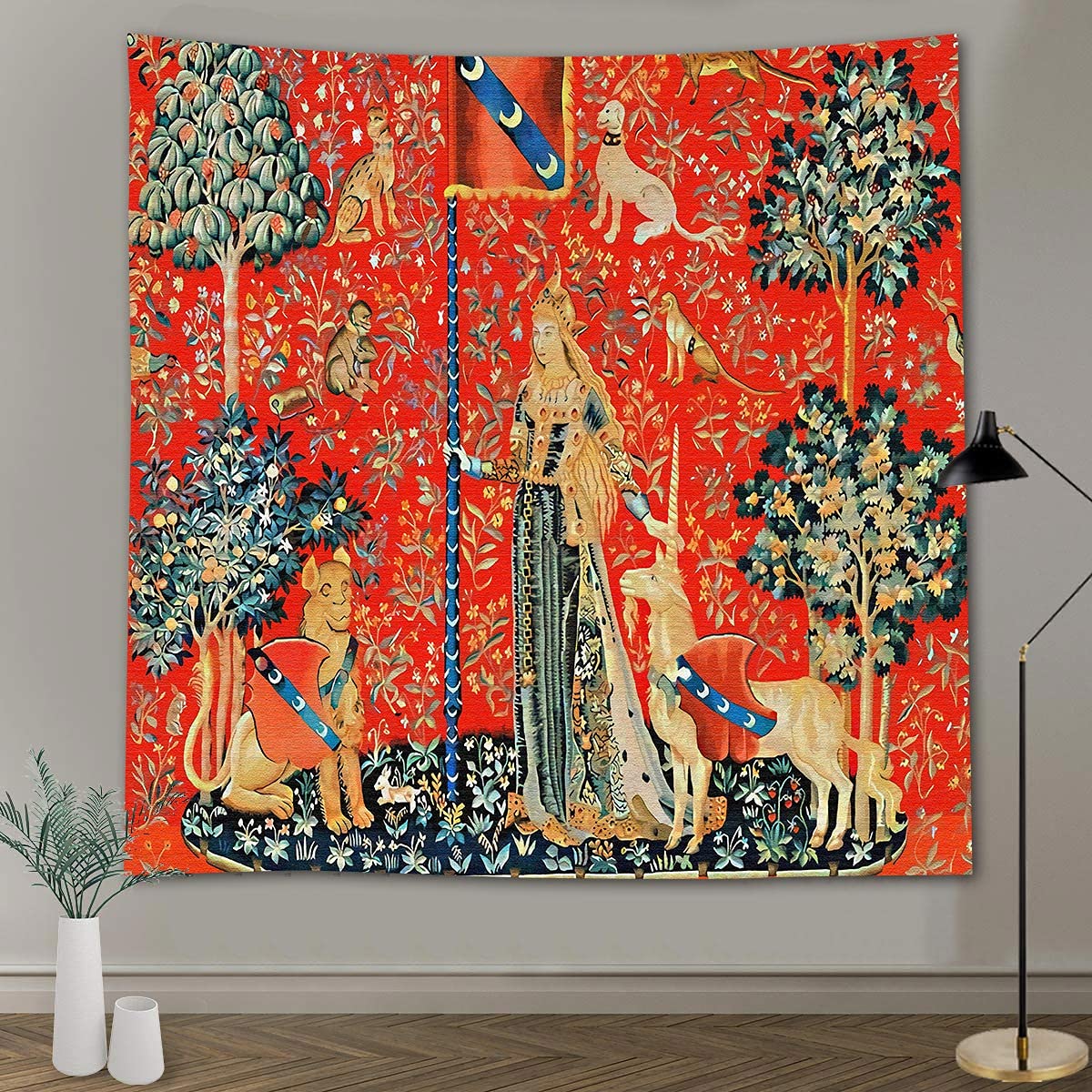 Medieval Tapestry Tapestry Royal Maiden and Unicorn Decor, Red 80x60 In