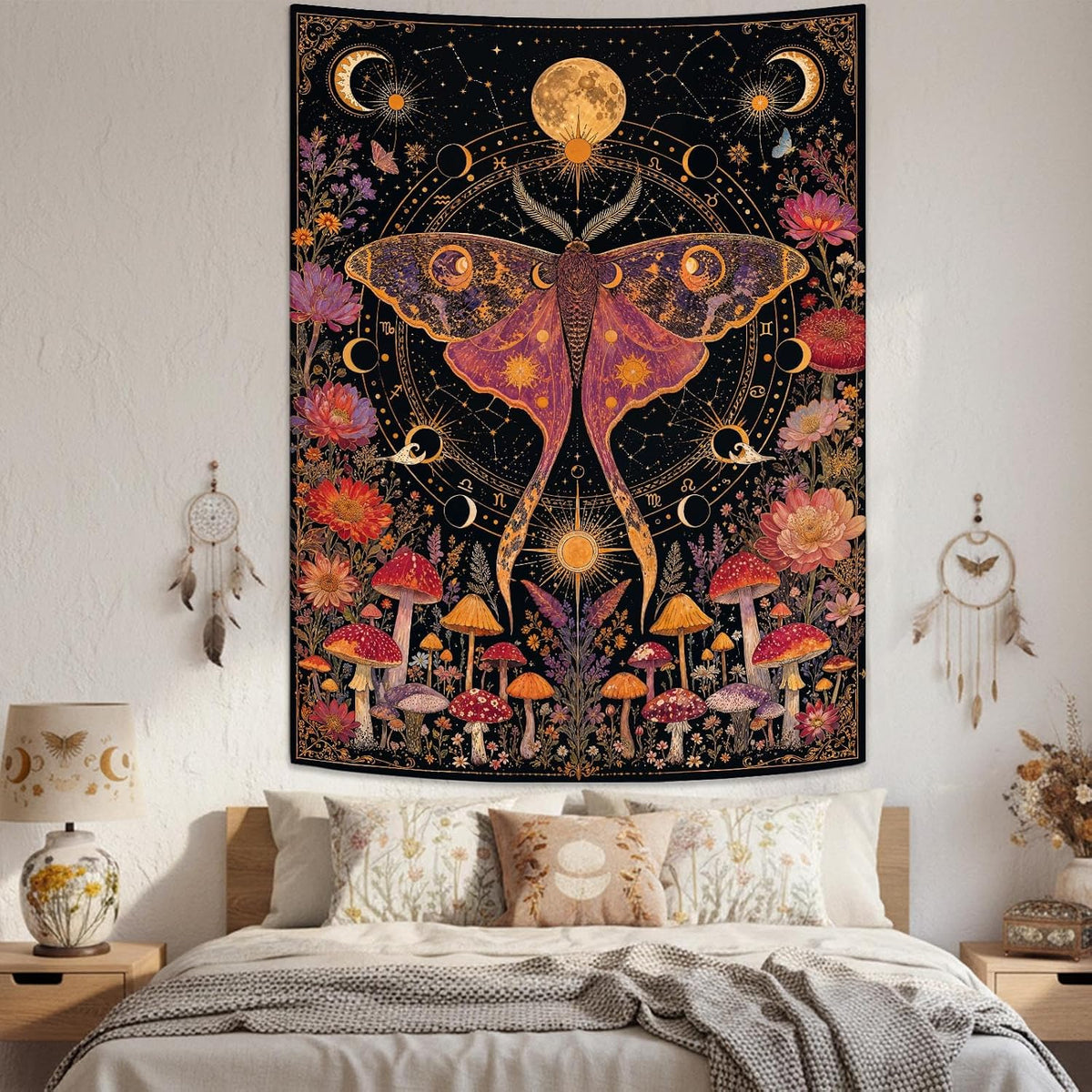 Rexful Celestial Moth Tapestry Wall Hanging Gothic Witchy Moon Phase Mushroom Flower Mystical Design Aesthetics Tapestries for Bedroom Living Room Home Decor