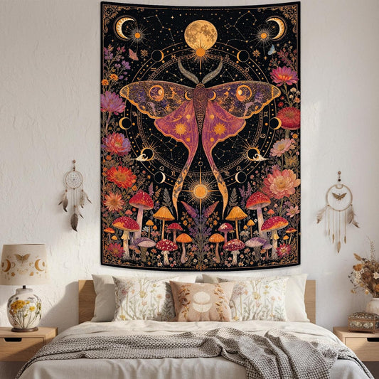 Rexful Celestial Moth Tapestry Wall Hanging Gothic Witchy Moon Phase Mushroom Flower Mystical Design Aesthetics Tapestries for Bedroom Living Room Home Decor