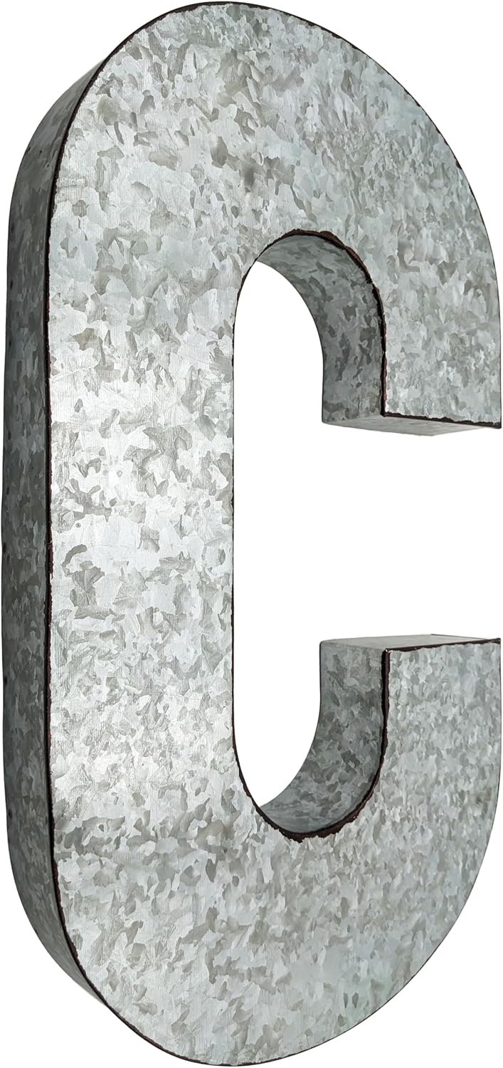SciencePurchase 20" Metal Letter C Wall Decor, Silver with Rusted Edges, Galvanized Wall Mountable Decoration for Country, Mid-Century, or Farmhouse Themed Room or Event