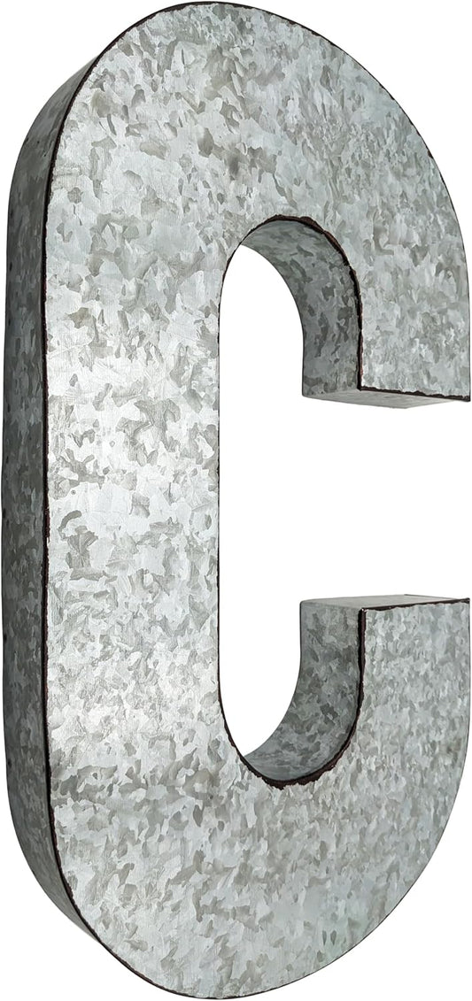 SciencePurchase 20" Metal Letter C Wall Decor, Silver with Rusted Edges, Galvanized Wall Mountable Decoration for Country, Mid-Century, or Farmhouse Themed Room or Event