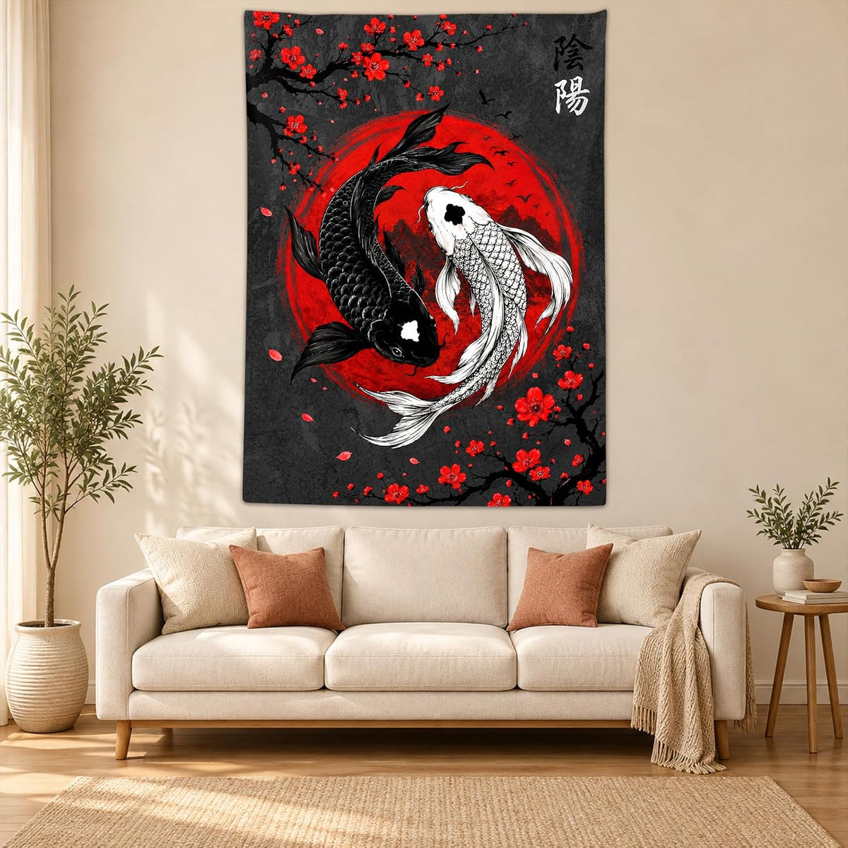 Sanzugh Japanese Yin Yang Koi Fish Tapestry, Cool Red and Black Anime Sakura Art Tapestries Vertical Wall Hanging for Men Bedroom Living Room Office Decor 40X60, Asian Cherry Blossoms Posters