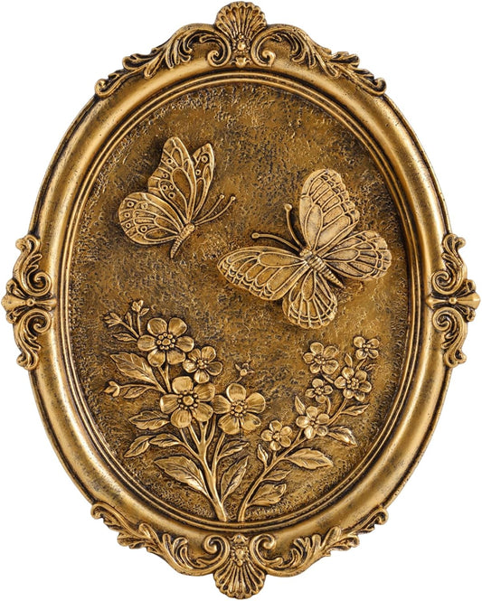 Vintage Butterfly Wall Sculpture, Gold Wall Decor, 3D Relief Oval Wall Art