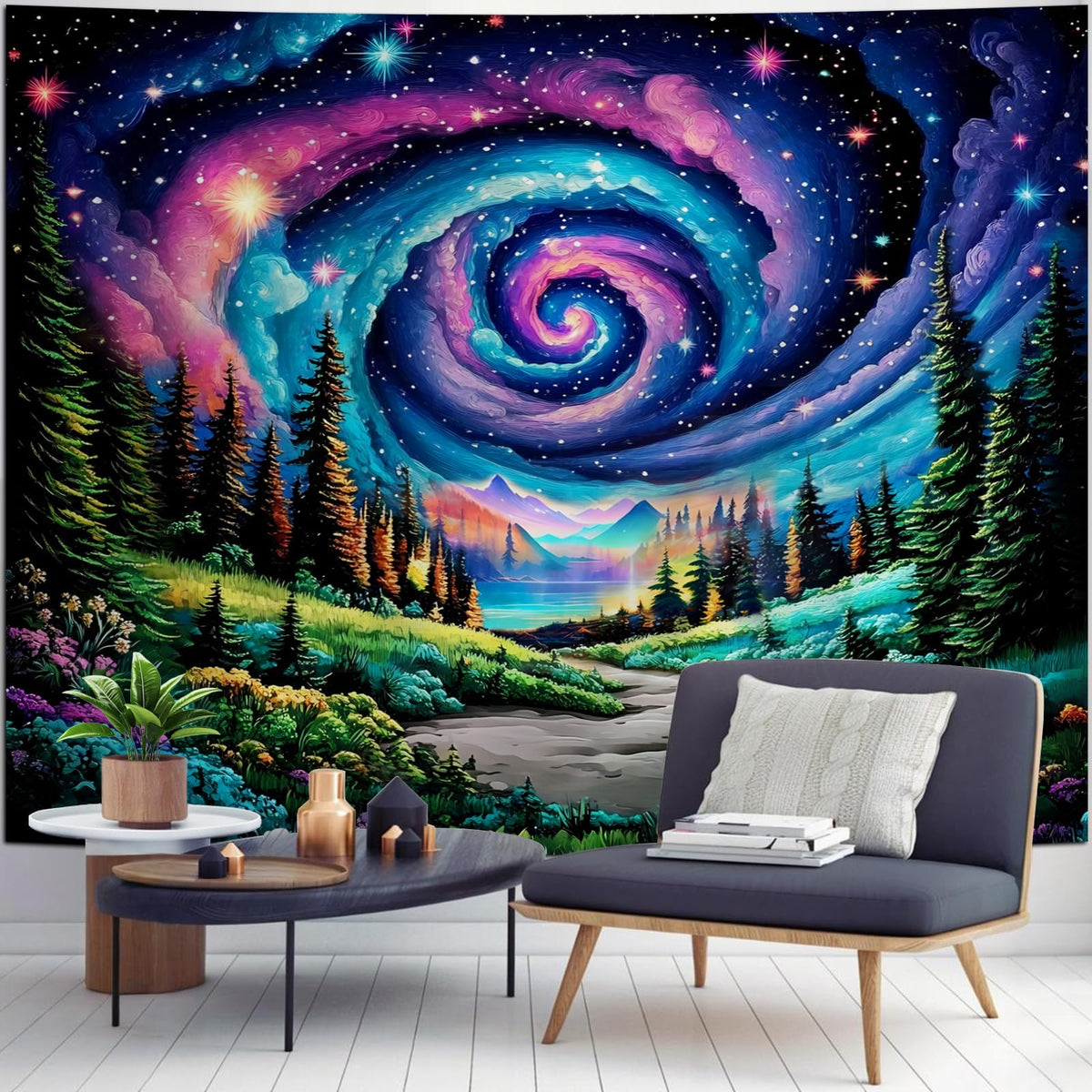 Apdidl Space Ceiling Tapestry for Bedroom, Galaxy Forest Large Wall Hanging