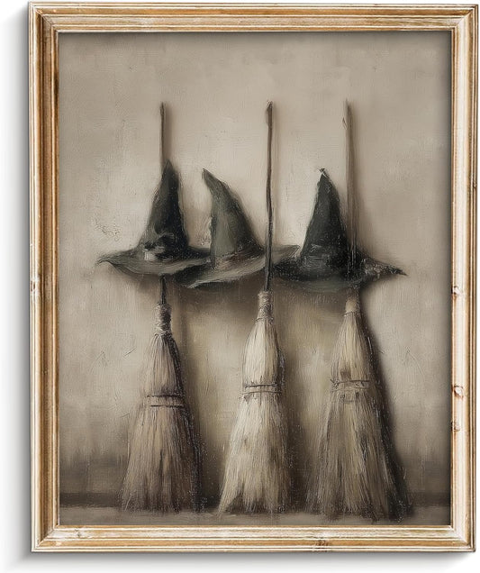 Vodefoad Vintage Witch Hats and Brooms Print, Spooky Gothic Halloween Decor, Halloween Home Decor Wall Art, Retro Moody Halloween Wall Art for Gallery, Living Room, Bathroom, Bedroom,Holiday Gift - 8x10Inch Unframe