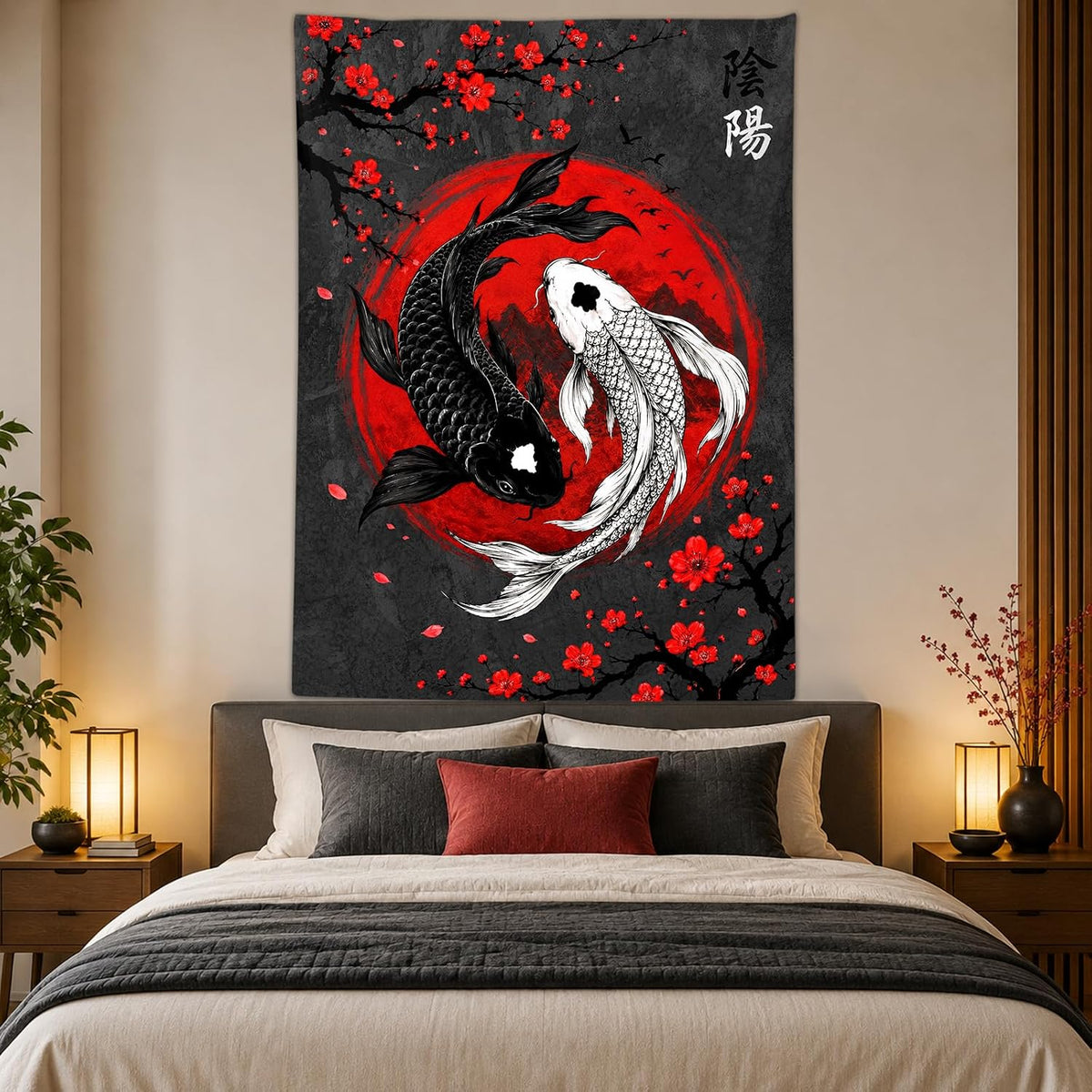 Sanzugh Japanese Yin Yang Koi Fish Tapestry, Cool Red and Black Anime Sakura Art Tapestries Vertical Wall Hanging for Men Bedroom Living Room Office Decor 40X60, Asian Cherry Blossoms Posters