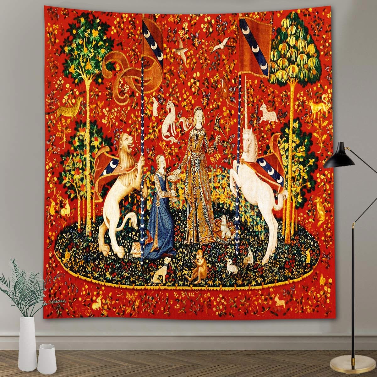 Medieval Tapestry Tapestry Royal Maiden and Unicorn Decor, Red 80x60 In