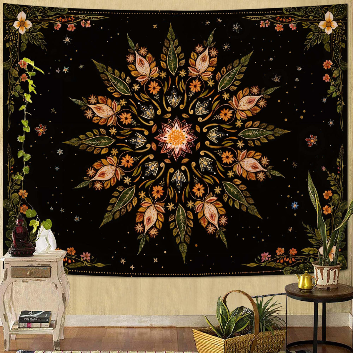 Fowocu Boho Floral Mandala Tapestry Wall Hanging Bohemian Flower Medallion Tapestry Aesthetic Beige Brown Hippie Indian Small Tapestries for Bedroom Living Room Dorm Decor 40 x 30 Inch