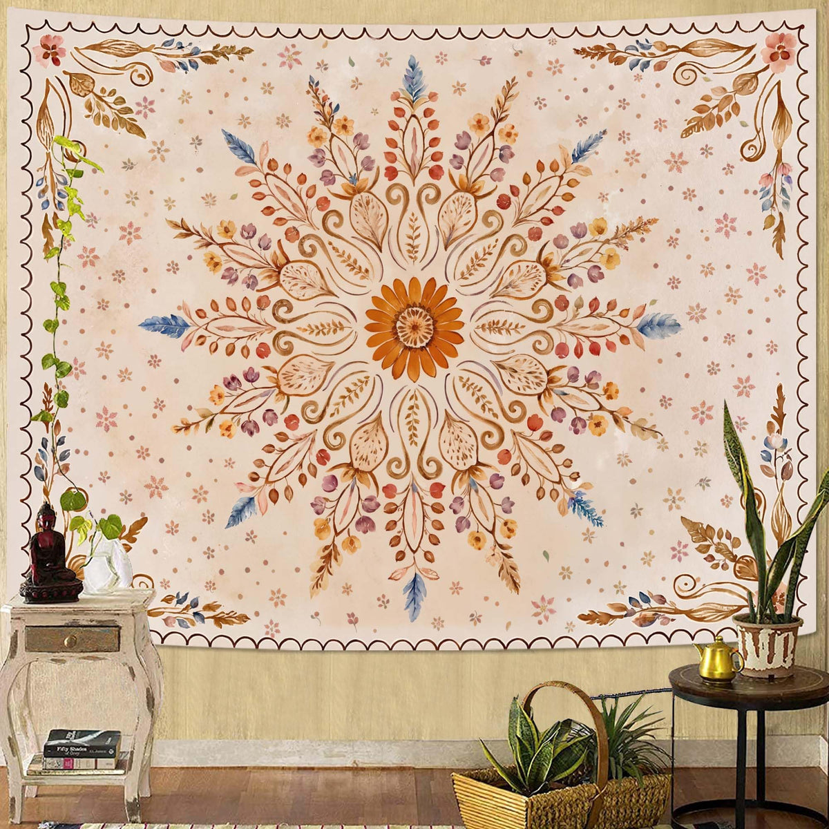 Fowocu Boho Floral Mandala Tapestry Wall Hanging Bohemian Flower Medallion Tapestry Aesthetic Beige Brown Hippie Indian Small Tapestries for Bedroom Living Room Dorm Decor 40 x 30 Inch