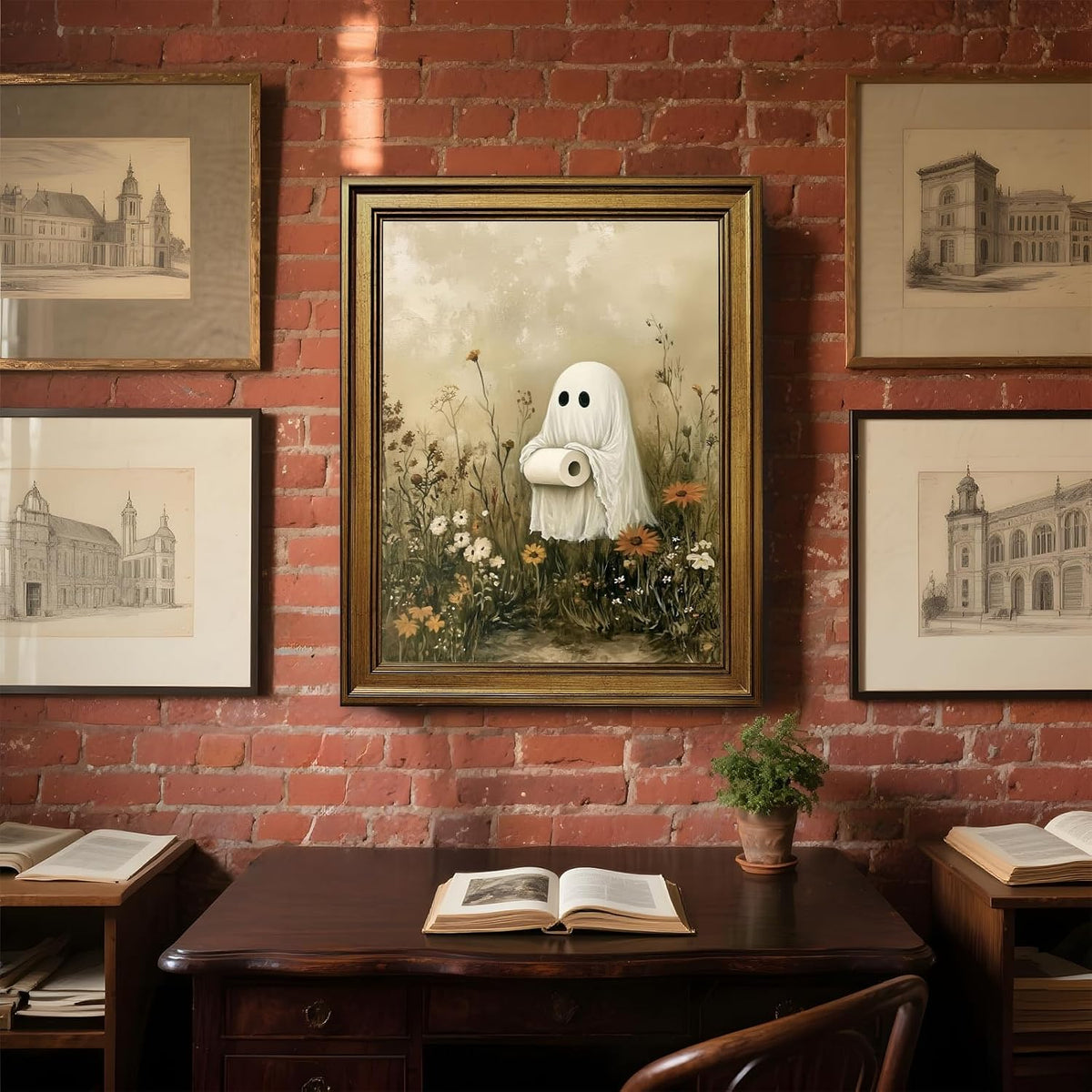 Funny Halloween Bathroom Wall Art Cute Ghost Toilet Paper Poster Spooky Toilet Art Prints Floral Ghost Painting Flowers Halloween Whimsical Room Decor for Powder Room Restroom 8x10inch Gold Frame