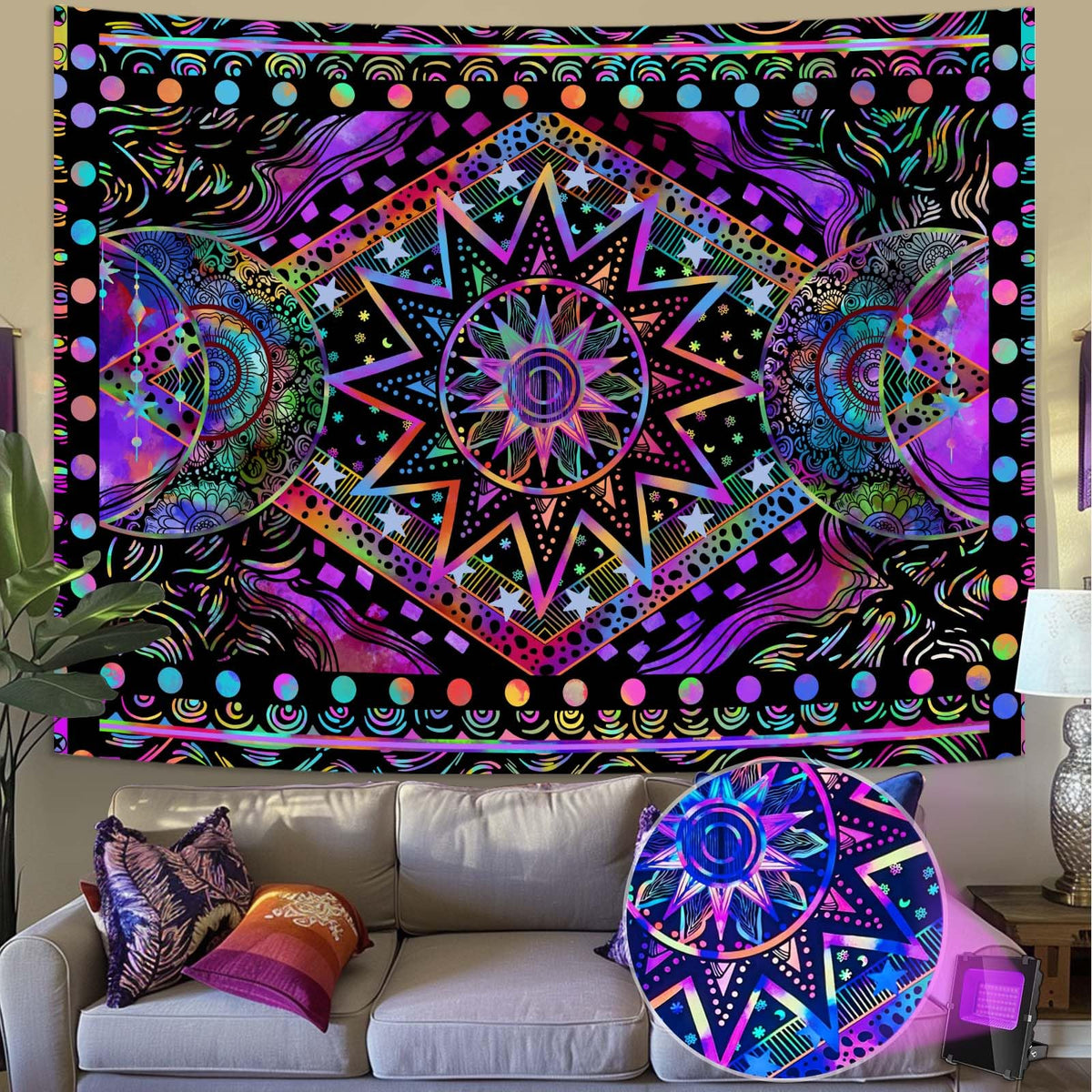 Blacklight Sun and Moon Tapestry Glow in The Dark Neon Hippie Bohemian Tapestries for Bedroom Aesthetic UV Reactive Purple Celestial Tie Dye Tapestry Wall Hanging for Living Room Dorm (40'' × 30'')