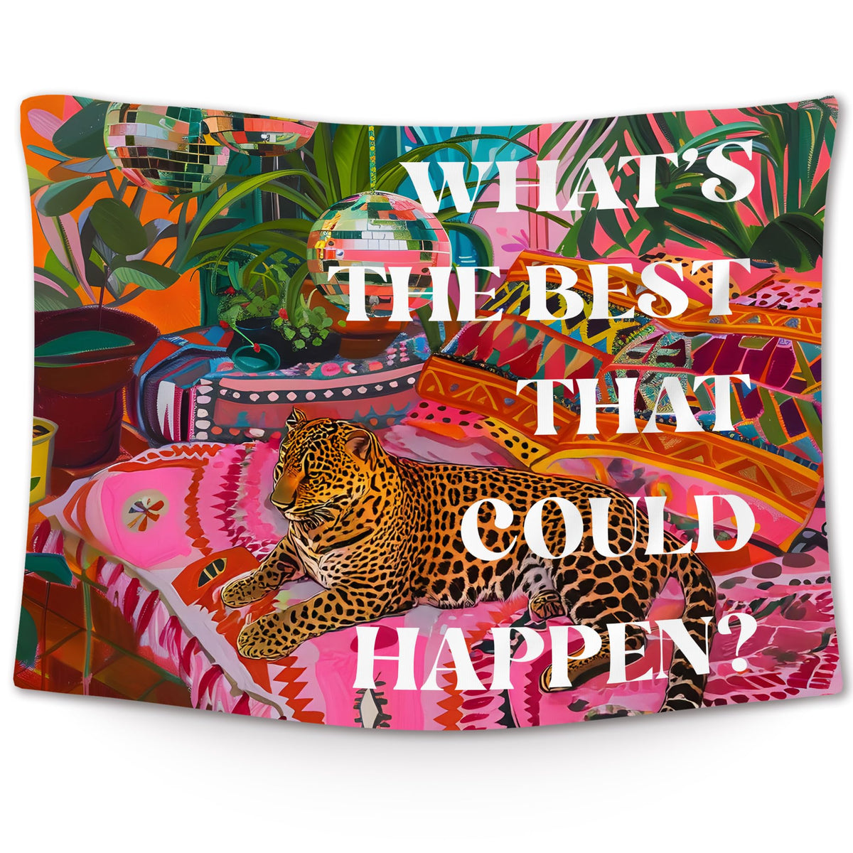 XLDLIOO Preppy Leopard Disco Classroom Tapestry, What's The Best That Could Happen, Retro Maximalist Tapestry Hanging for Girly Room Bedroom, Groovy Tapestries Wall Decor Art for Teen Girls Dorm 50x60in