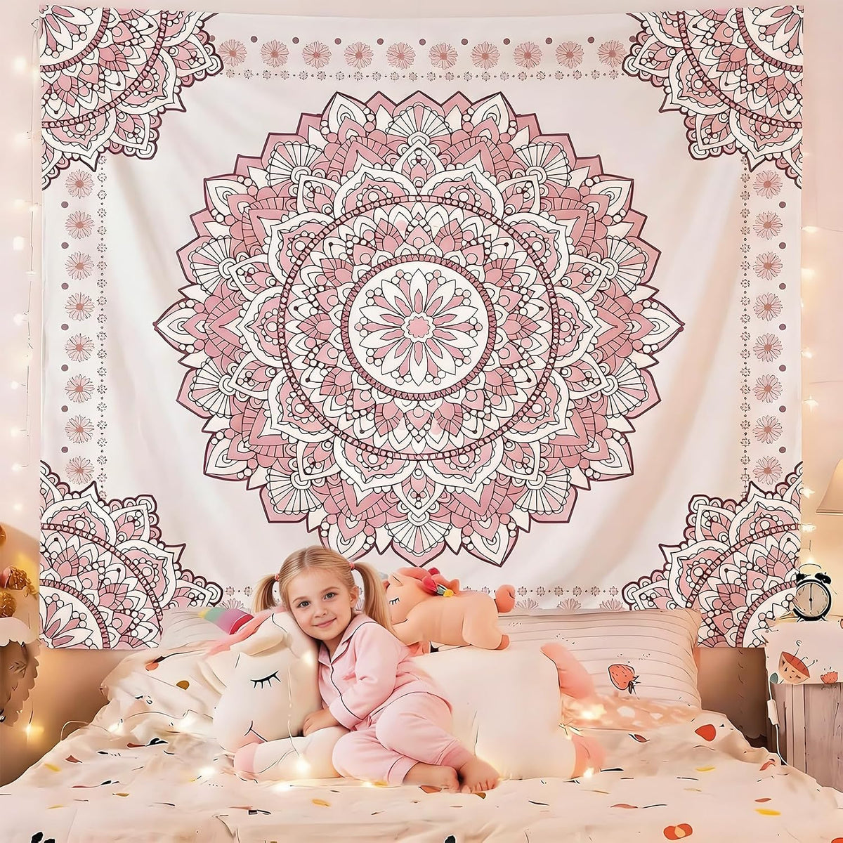 Pink Mandala Tapestry for Bedroom Aesthetic, Boho Art Large Wall Hanging