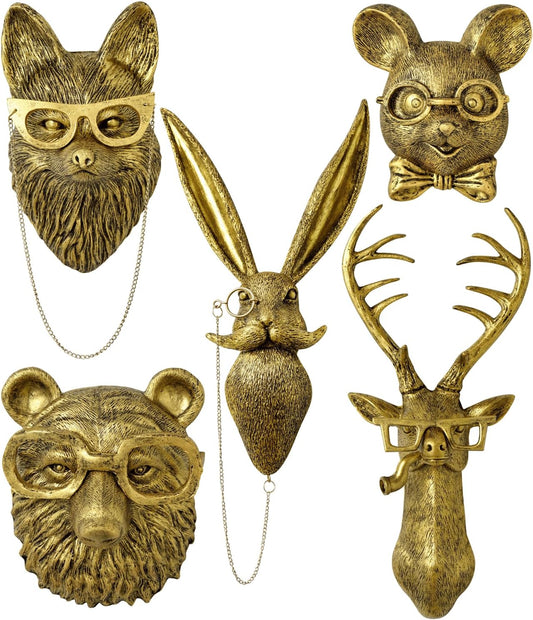 montresor 5 PCS Animals Head Wall Art Sculptures 17 inchs Gold Office Vintage 3D Wall Decor Art for Whimsigoth Home Wall Decor Lightweight Material Accent Wall Hanging Room Decor Maximalist Decor