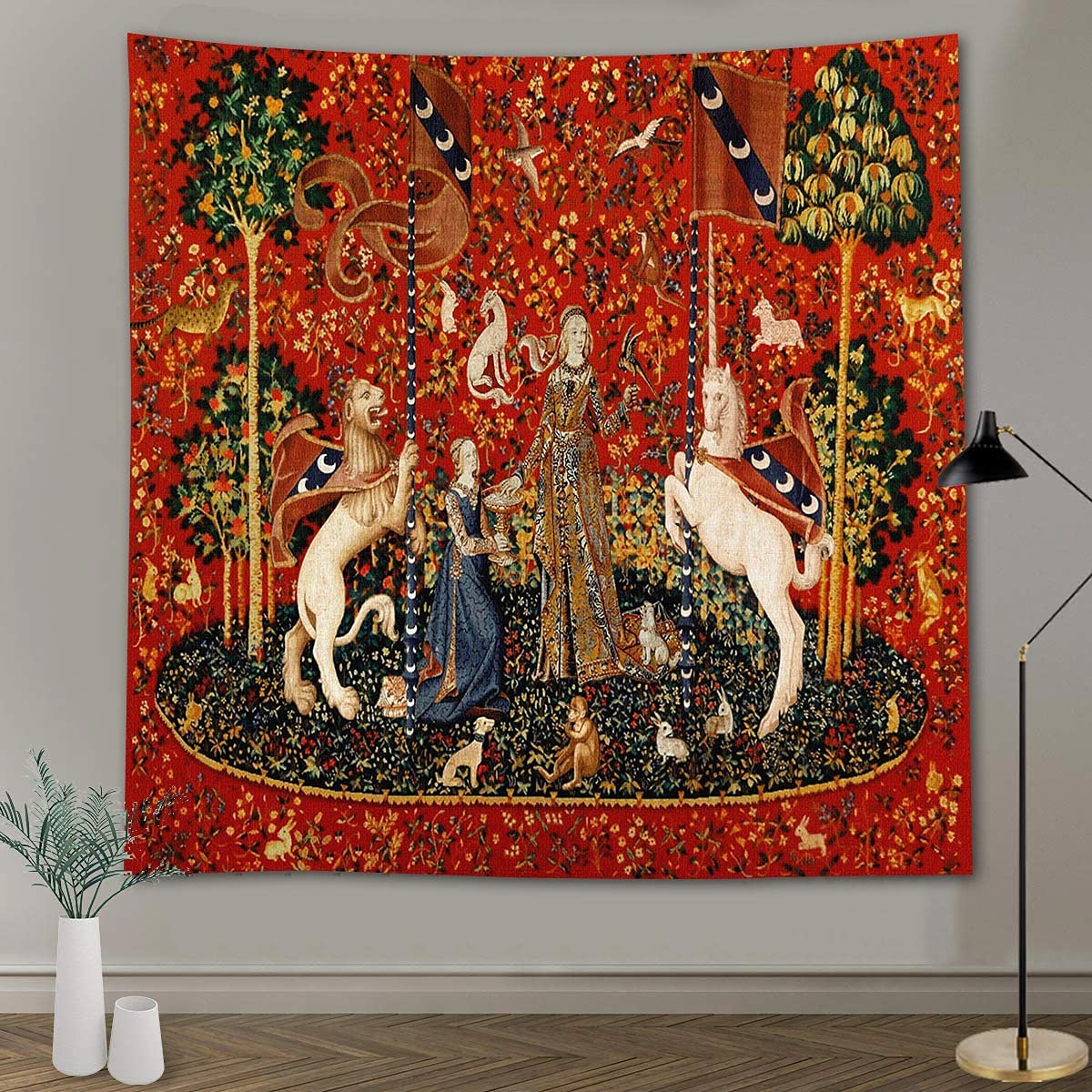 Medieval Tapestry Tapestry Royal Maiden and Unicorn Decor, Red 80x60 In