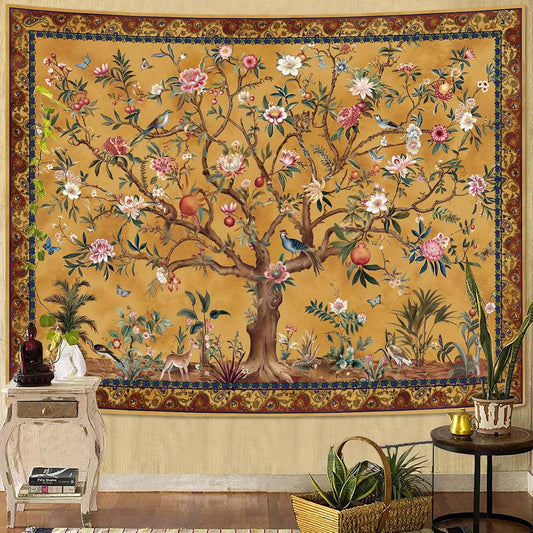 Faxdong Boho Tree of LIfe Tapestry, Vintage Flower Leaves Birds Plant Animal Pattern Tapestries, Retro Indian Bohemian Aesthetic Wall Hanging Orange Yellow 36×48 inch