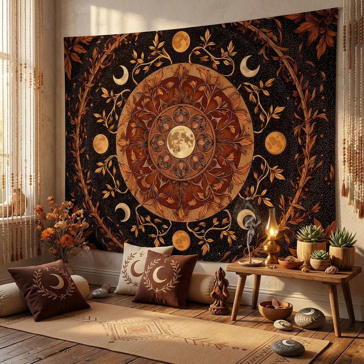 Spenlife Moon Phase Tapestry, Autumnal Mandala Tapestries for Bedroom, Boho Wall Decor, Botanical Tapestries (60" x 44")