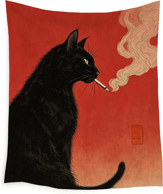 WPQTHIP Funny Black Cat Smoking Tapestry, Whimsical Japanese Cat Wall Tapestries, Vintage Red Quirky Black Kitten Wall Hanging Decor for Home Bedroom Living Room Kitchen, 50x60 Inch