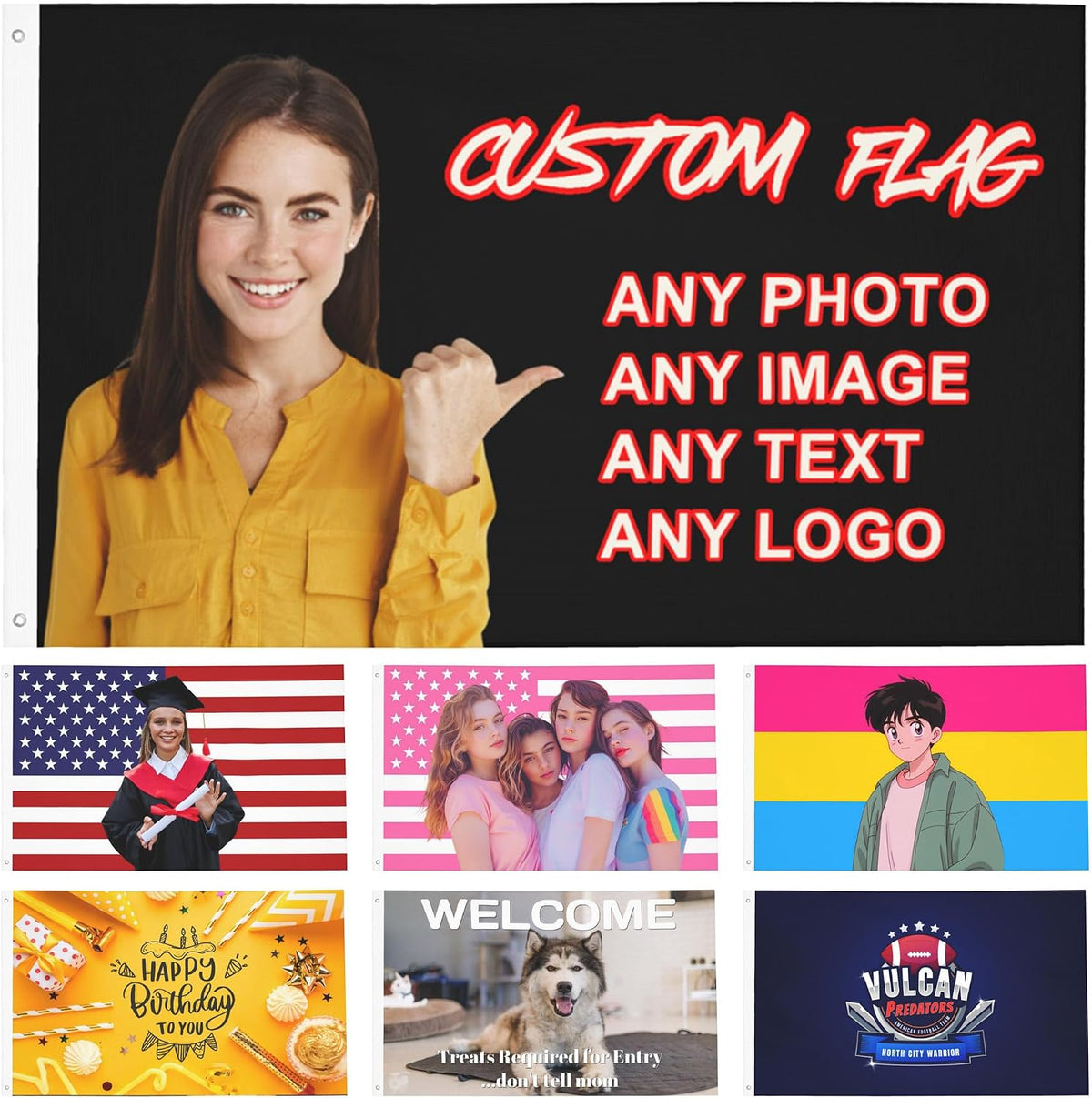 Custom Flag with Picture, Personalized Funny Flags Print Your Own Text/Photo/Logo Customized Flag Tapestry for Bedroom Dorm Room Decor Garden, 2x3 3x5 4x6 5x8 Ft