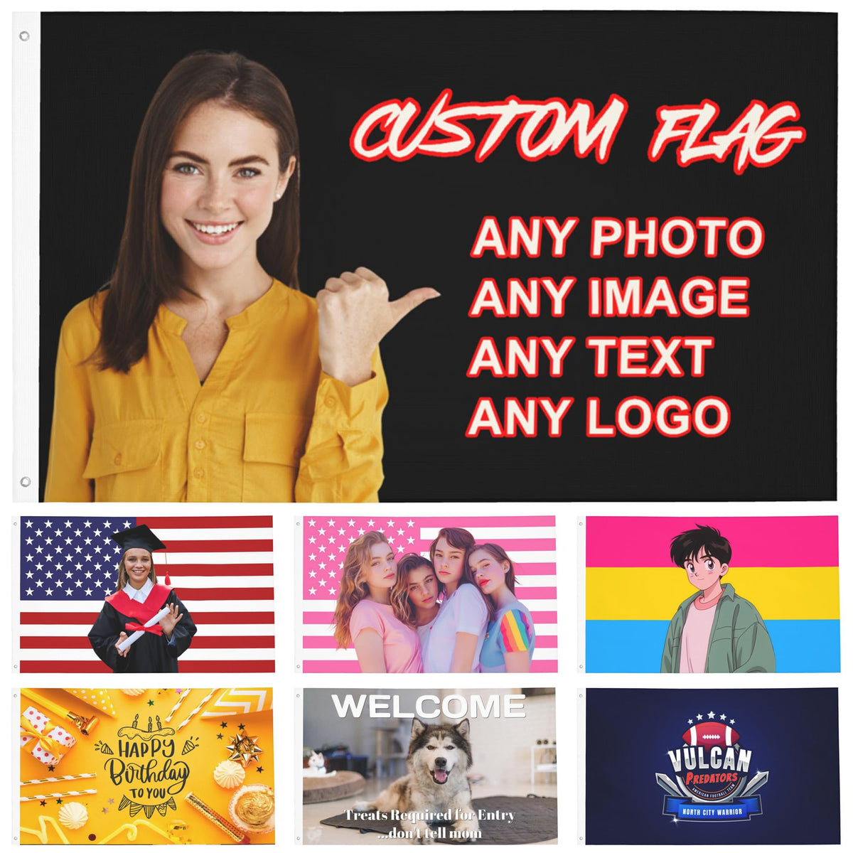 Custom Flag with Picture, Personalized Funny Flags Print Your Own Text/Photo/Logo Customized Flag Tapestry for Bedroom Dorm Room Decor Garden, 2x3 3x5 4x6 5x8 Ft