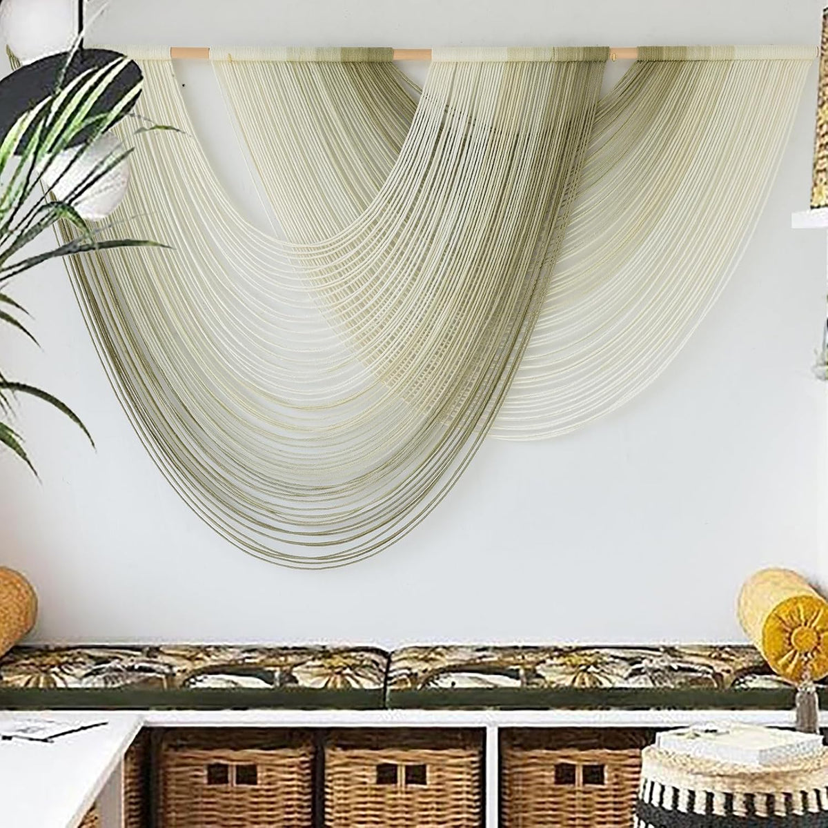 Macrame Wall Hanging Boho Tapestry Dip Dyed Ombre Moss Green 57"W*39"L