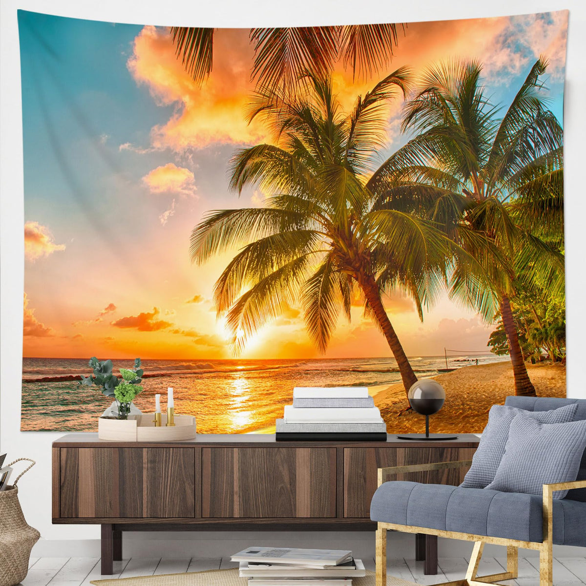 HVEST Ocean Beach Tapestry Wall Hanging, Sunset Seabird and Beach with Grass Wall Tapestry Natural Landscape Tapestries for Bedroom Living Room Dorm Decoration, 60x40 Inches