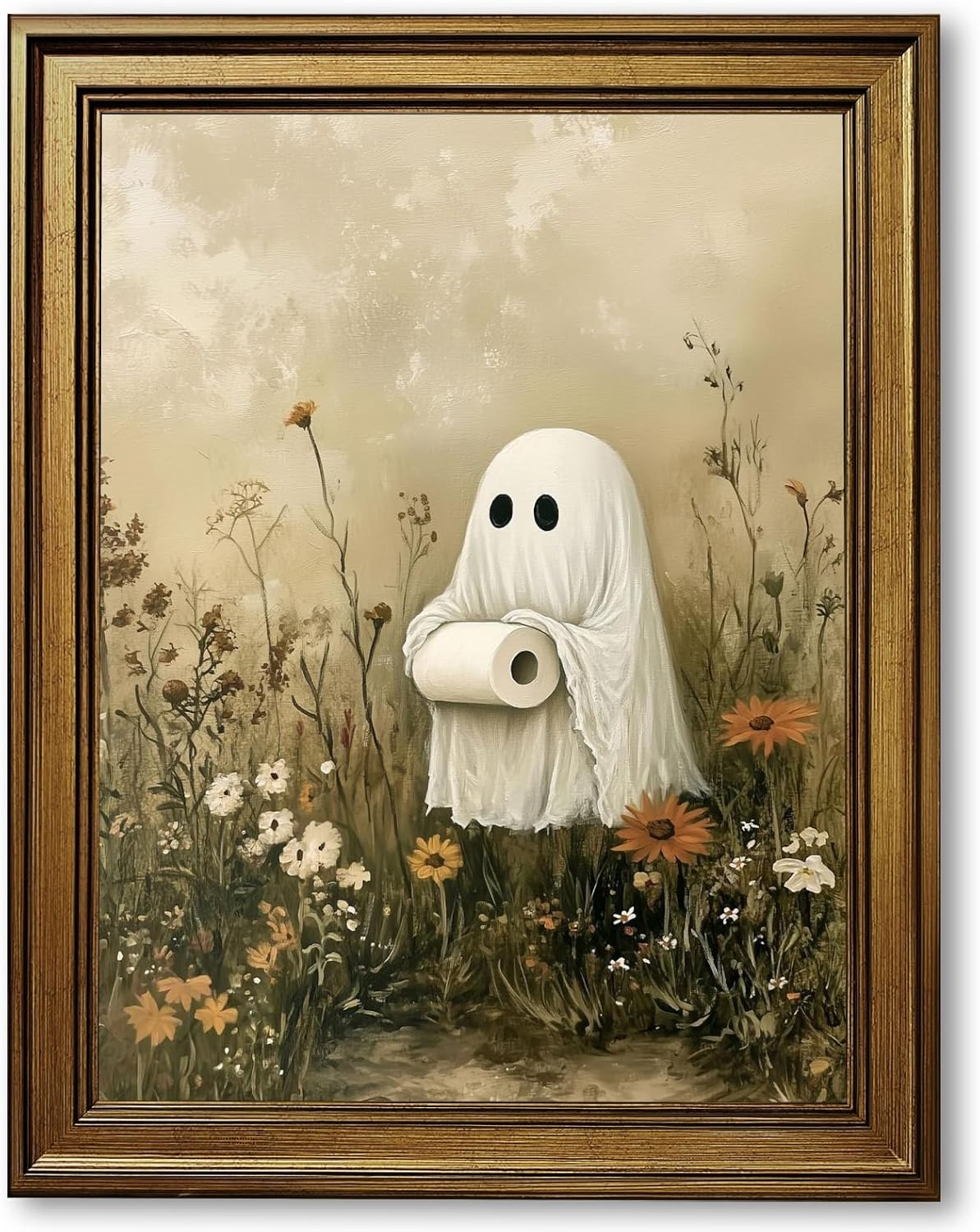 Funny Halloween Bathroom Wall Art Cute Ghost Toilet Paper Poster Spooky Toilet Art Prints Floral Ghost Painting Flowers Halloween Whimsical Room Decor for Powder Room Restroom 8x10inch Gold Frame