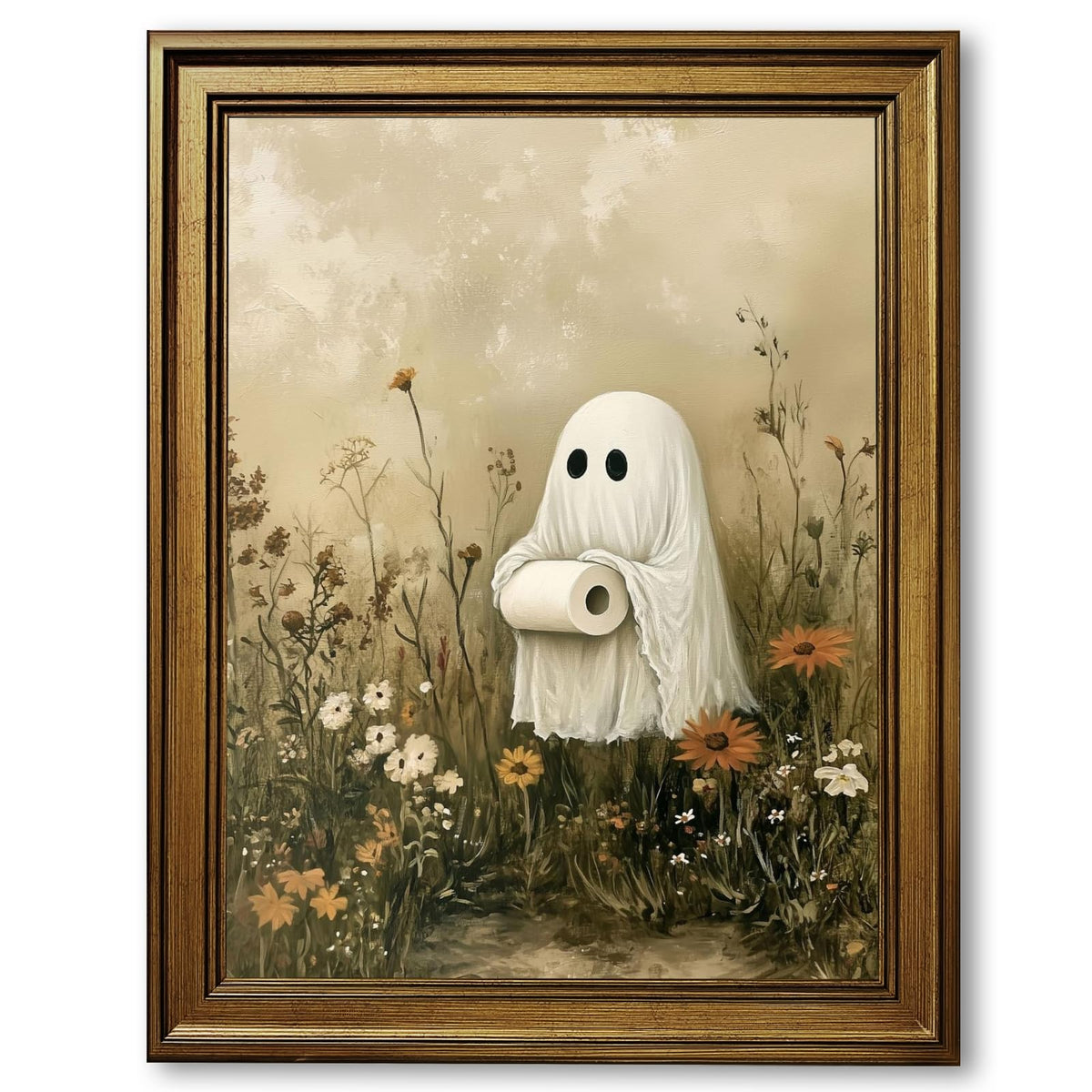 Funny Halloween Bathroom Wall Art Cute Ghost Toilet Paper Poster Spooky Toilet Art Prints Floral Ghost Painting Flowers Halloween Whimsical Room Decor for Powder Room Restroom 8x10inch Gold Frame