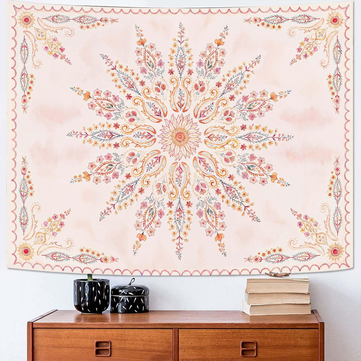Fowocu Boho Floral Mandala Tapestry Wall Hanging Bohemian Flower Medallion Tapestry Aesthetic Beige Brown Hippie Indian Small Tapestries for Bedroom Living Room Dorm Decor 40 x 30 Inch
