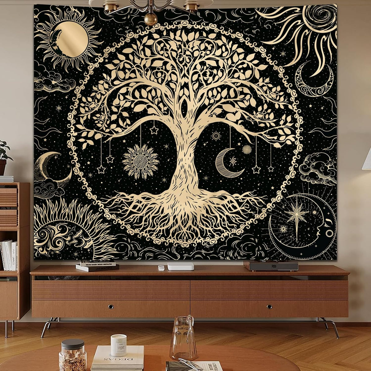 Avinyl Tree of Life Tapestry Wall Hanging, Large Black Sun Moon Tapestries