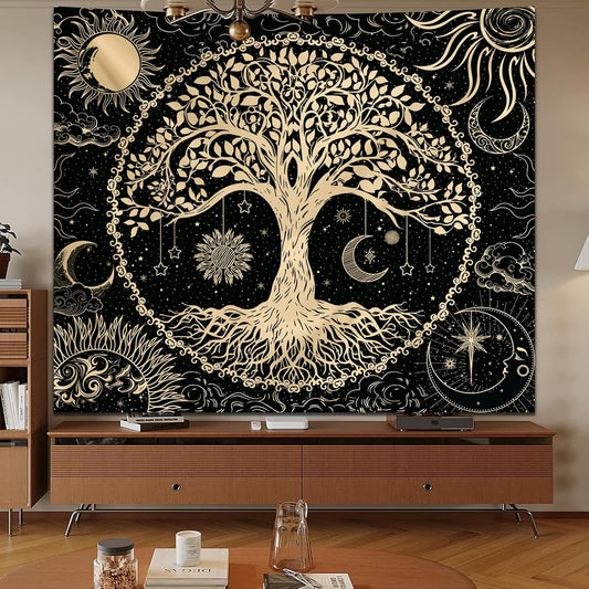 Avinyl Tree of Life Tapestry Wall Hanging, Large Black Sun Moon Tapestries