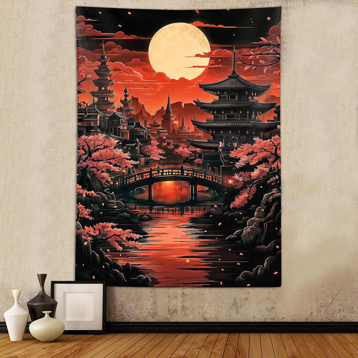 Sanzugh Japanese Yin Yang Koi Fish Tapestry, Cool Red and Black Anime Sakura Art Tapestries Vertical Wall Hanging for Men Bedroom Living Room Office Decor 40X60, Asian Cherry Blossoms Posters