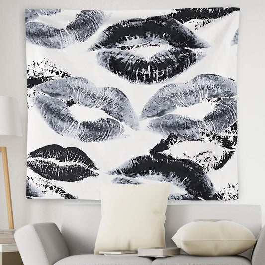 WNAGT Trendy Black and White Kiss Lips Tapestry Wall Hanging, Funky Makeup Wall Decor, Fashion Aesthetic Wall Blanket Decor for Girls Room College Dorm Makeup Room Beauty Room, 50x60 Inch
