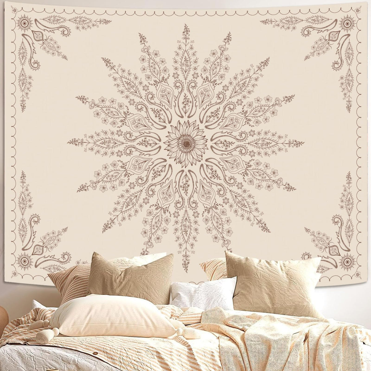 Fowocu Boho Floral Mandala Tapestry Wall Hanging Bohemian Flower Medallion Tapestry Aesthetic Beige Brown Hippie Indian Small Tapestries for Bedroom Living Room Dorm Decor 40 x 30 Inch