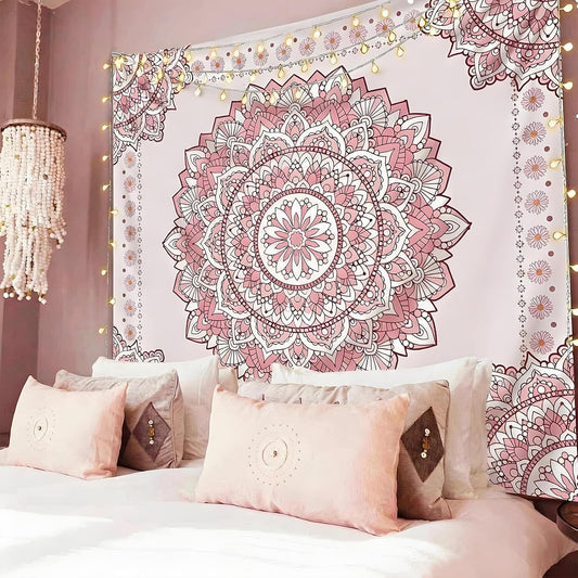 Pink Mandala Tapestry for Bedroom Aesthetic, Boho Art Large Wall Hanging