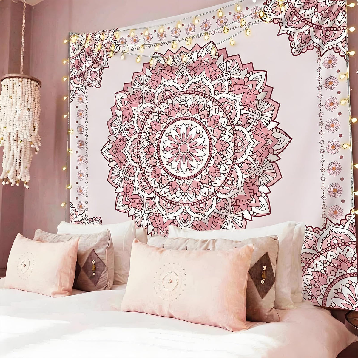 Pink Mandala Tapestry for Bedroom Aesthetic, Boho Art Large Wall Hanging