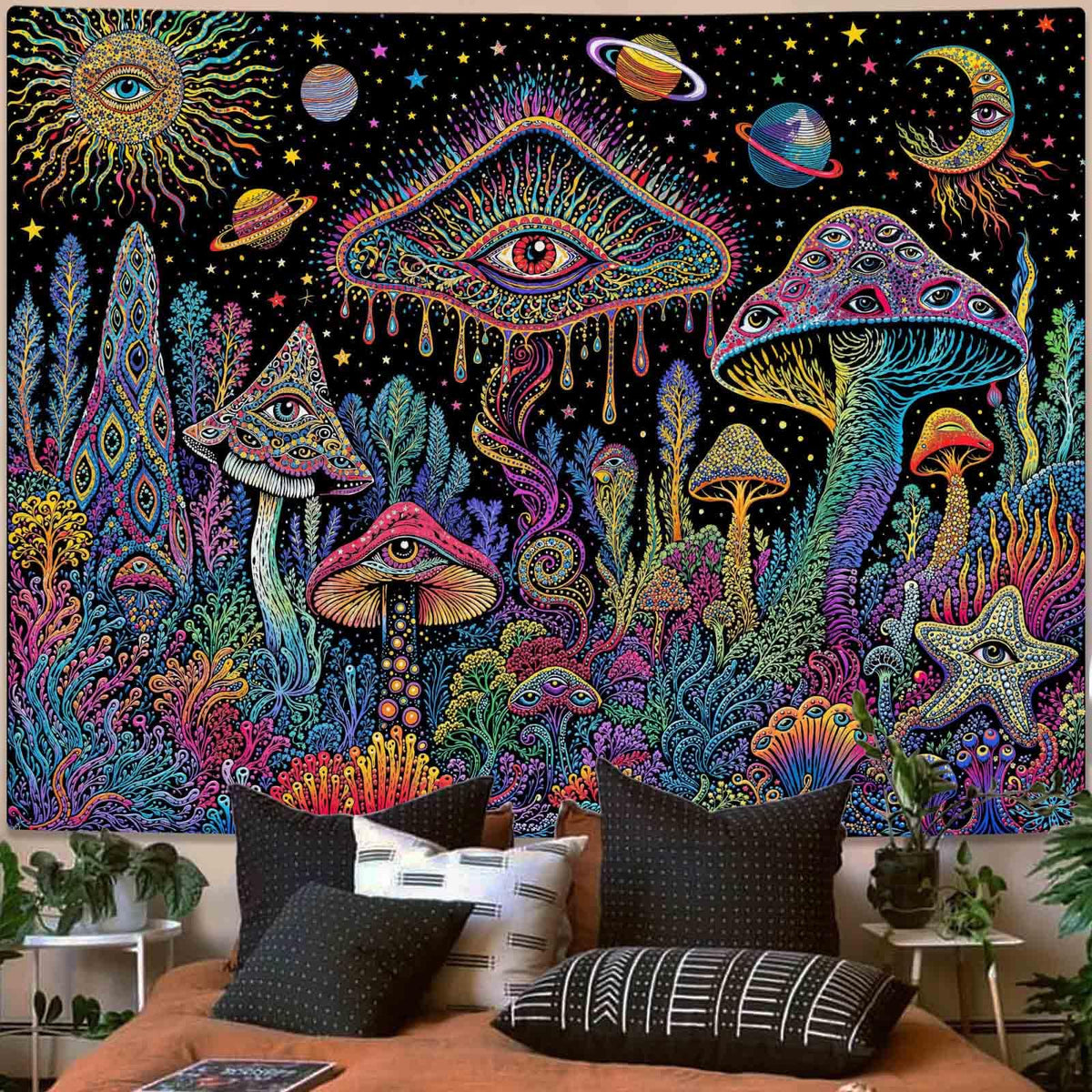 Rexful Celestial Moth Tapestry Wall Hanging Gothic Witchy Moon Phase Mushroom Flower Mystical Design Aesthetics Tapestries for Bedroom Living Room Home Decor